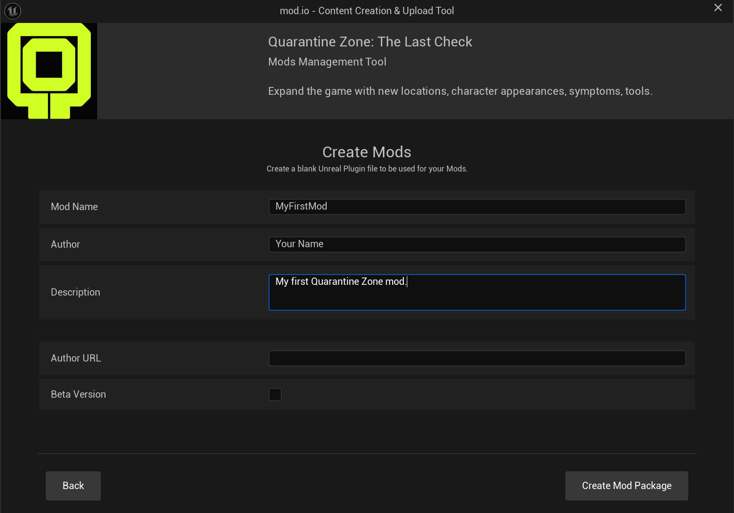 The Create Mods form