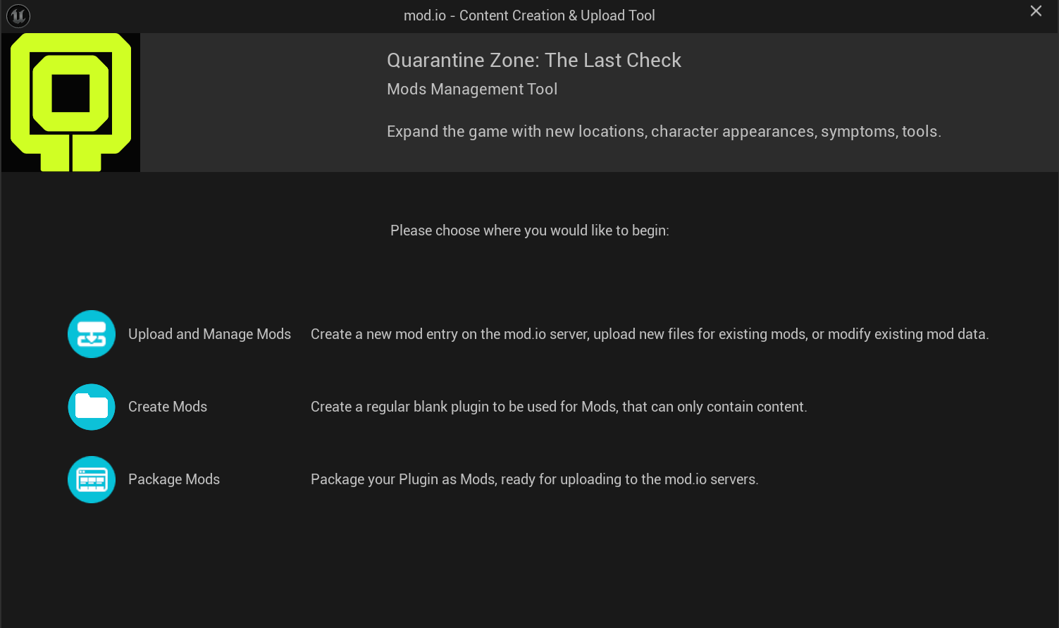 Start page of the mod.io Content Creation and Upload Tool