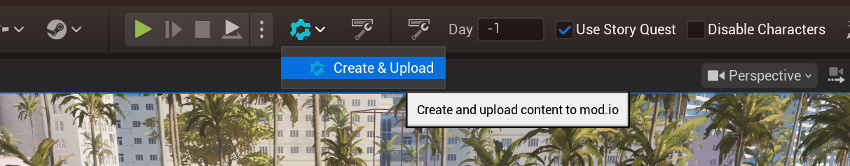 Кнопка mod.io на панели с пунктом Create and Upload