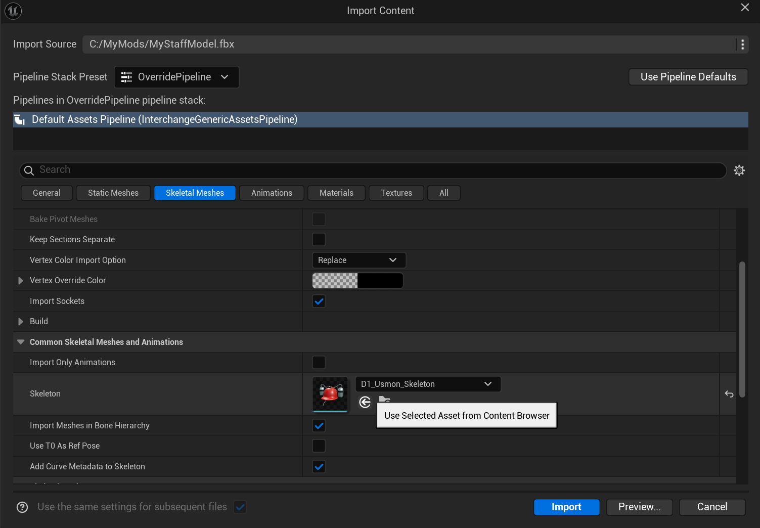 Диалог Import Content с выбранным скелетом персонала
